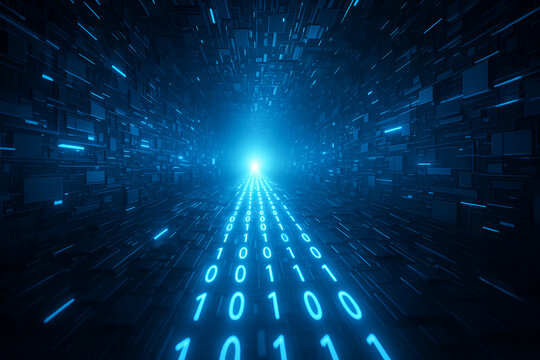 Abstract representation of digital data flow with binary code