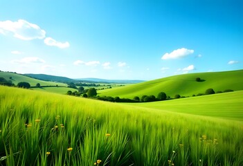 Beautiful summer meadow with waving grass and gentle valley under bright blue sky high resolution picture