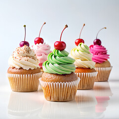 Assorted Cupcakes with Colorful Frosting and Cherries