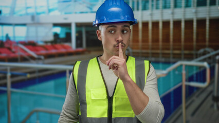 Young man wearing hardhat and reflective vest making shushing gesture on cruise ship surrounded by deck chairs and sea