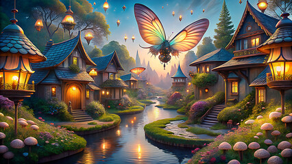 Obraz premium Fantasy Fairy Village with Glowing Lights and Butterflies