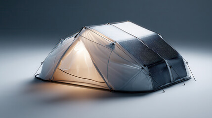 Futuristic tent with sleek design, featuring solar panels top, illuminated from within, set against neutral background