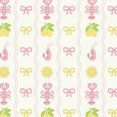 Seamless pattern with hand drawn lobsters, lemons, shrimps, bows, and suns in vertical stripes. Mediterranean coastal vintage design. Summer wallpaper for backgrounds, presentations, wrapping papers.