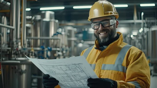 Engineer Safety Gear Reviewing Blueprints Factory for Workplace Safety