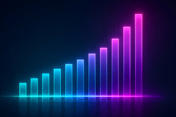 A vibrant bar graph visualizing growth with blue and pink neon colors against a dark background. Ideal for presentations on success, data analysis, and business strategies.