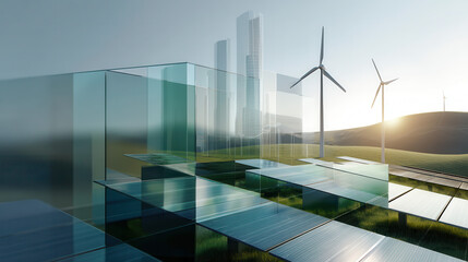 Modern renewable energy landscape featuring wind turbines and solar panels hillside with city skyline background during sunset