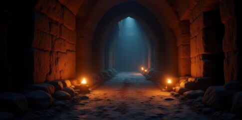 Cobweb-filled torches illuminate ancient passageways, mysterious passageway, dungeon