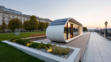 Modern solar powered shelter with sleek design and large glass doors, situated wooden deck along river sunset, creating
