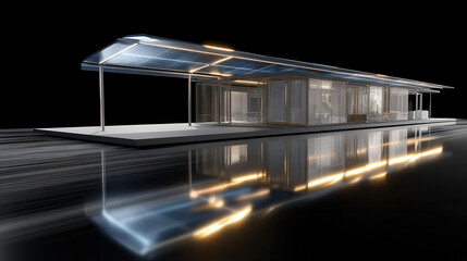 Modern house with solar panels roof illuminated night reflecting water showcasing eco friendly architecture and innovative