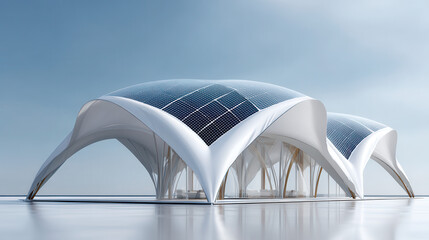 Futuristic building with sleek design features white structure with large glass windows and solar panels roof, set against