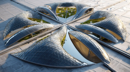 Image shows futuristic building with unique, organic design featuring multiple curved, glass covered structures that resemble