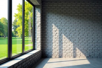 Obraz premium Cold grey brick wall with a large window on the left side, overlooking a serene park , landscape, serene