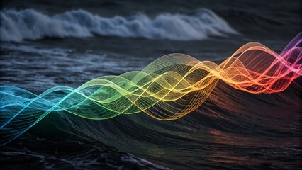 Colorful digital wave overlays blend with ocean waves, creating a fusion of technology and nature.