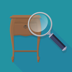 Old bedside table with a magnifying glass positioned on it on a blue background with long shadow in flat design style (flat design)
