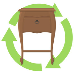 Old bedside table with a green circular symbol of three recycling arrows in a flat design style (cut out)