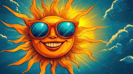 Smiling sun with sunglasses in a night sky