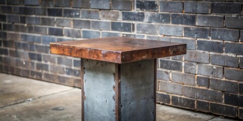 Rustic, weathered table with a rusty, metal top and a concrete base against a brick wall.