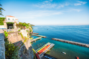 Streets in a touristic town, Sorrento near Amalfi coast, Italy. with a view of Naples and the...