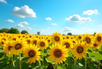 Fototapeta premium Wide sunflower field basking in sunlight beneath bright sky and white fluffy clouds high resolution photo