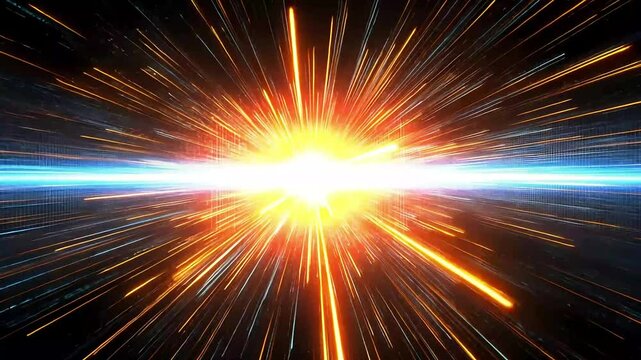 Abstract explosion of orange & blue light streaks on dark background with horizontal bands of light