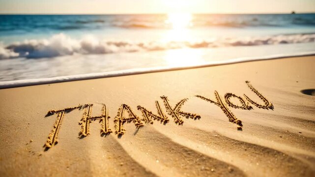 Thank you Written in the Sand on a Beach with Ocean and Sunset in the Background