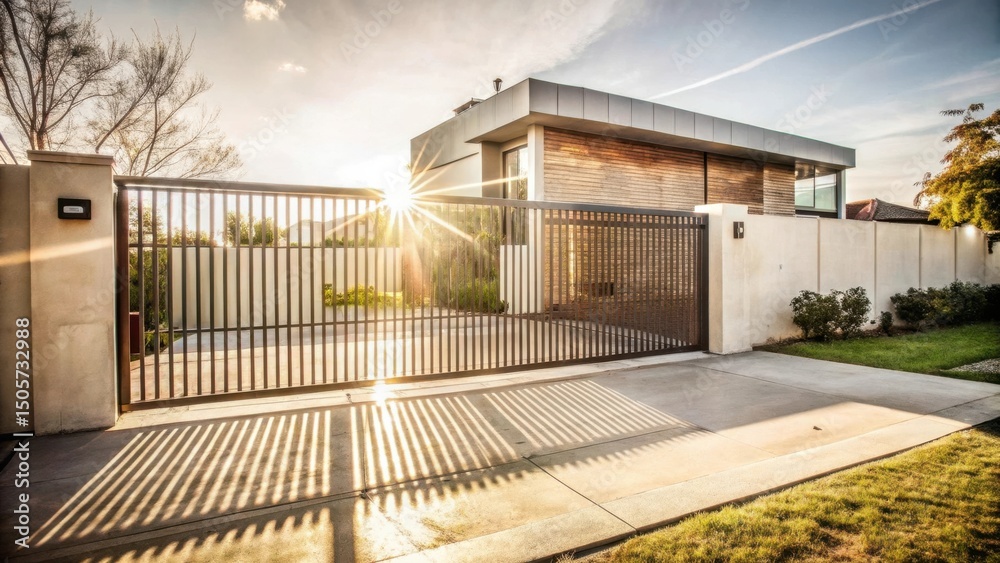 Poster Sunrays illuminate the driveway and cast long shadows through a modern metal gate leading to a private residence.