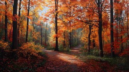 Obraz premium Colorful autumn leaves carpet the winding path through the sun-drenched forest