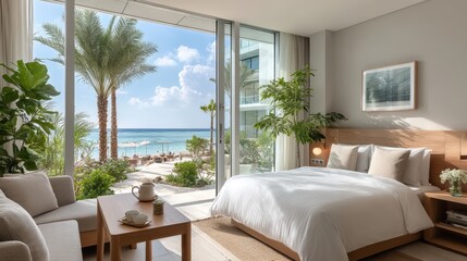 Fototapeta premium Modern hotel room with minimalist decor and floor-to-ceiling windows, view of tropical beach and palm trees under clear blue sky