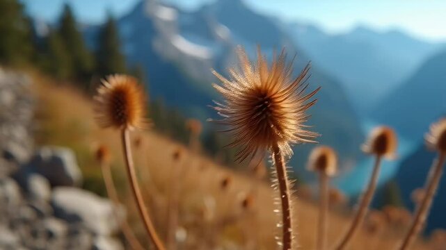 Dried thistle flowers on mountains background. Suitable for marketing or business purposes. Panoramic background for text copy space