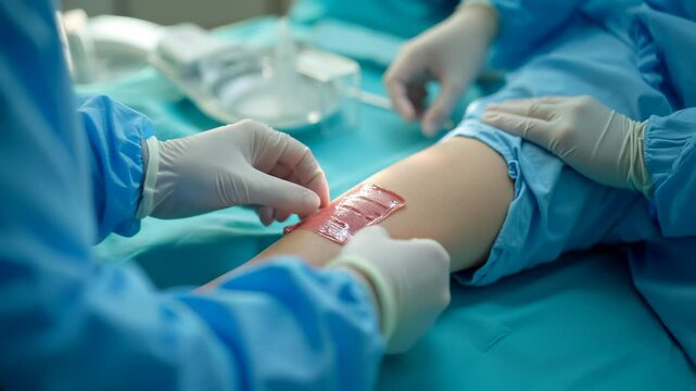 Doctors applying transparent artificial skin patch on leg in clinical setting. Concept of medical simulation, wound treatment, and advanced healthcare materials