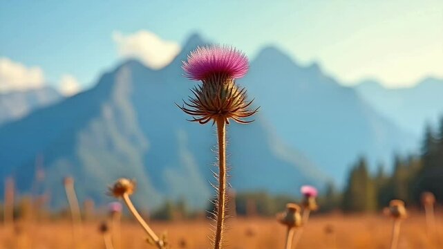 Dried thistle flowers on mountains background. Suitable for marketing or business purposes. Panoramic background for text copy space