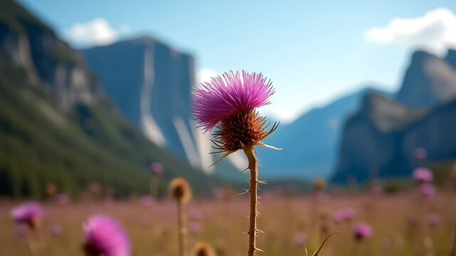 Dried thistle flowers on mountains background. Suitable for marketing or business purposes. Panoramic background for text copy space