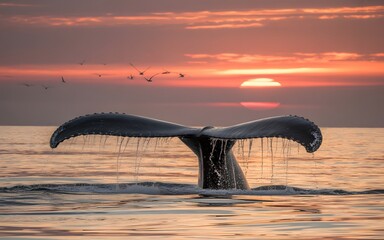 Obraz premium Sunset ocean scene with breaching whale tail, barnacles, and tranquil waves reflecting vibrant sky colors