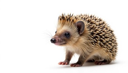 Obraz premium Small brown hedgehog isolated on white background, wild, focus, front view