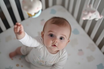 Curious baby reaching for mobile toy in crib