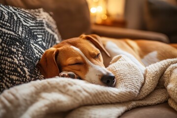 Cozy dog peacefully sleeping on couch in warm home