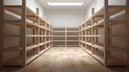 Obraz premium Empty grocery store aisle with wooden display shelves, minimalistic design, natural tones and soft shadows --chaos 20