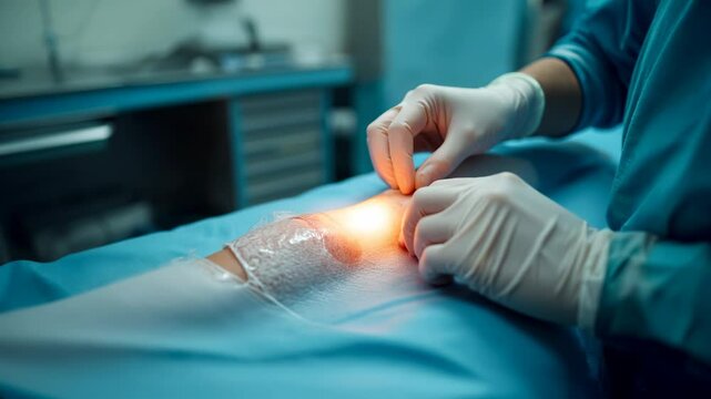 Doctor in gloves applying LED light therapy on faux leather surface resembling human skin. Concept of medical simulation, surgical training, and healthcare innovation