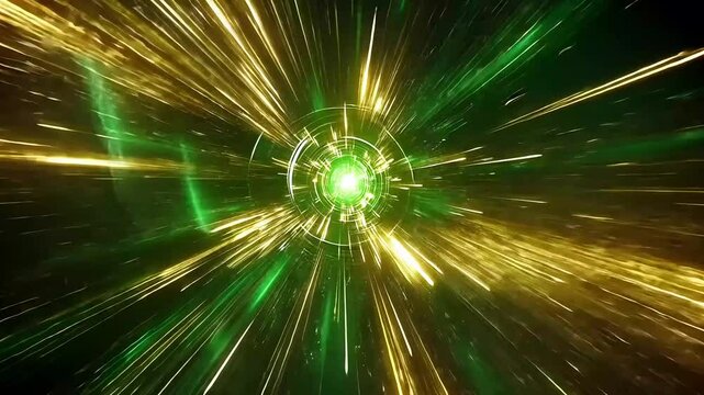 Abstract green and gold hyperspace tunnel with light streaks and glowing core