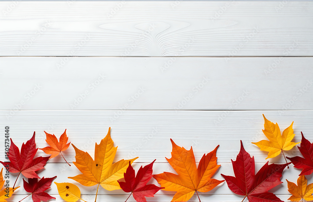 Poster dry colorful autumn leaves scattered across light wooden surface create beautiful visually appealing
