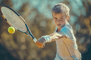 Focused athletic child playing tennis with energy and motion