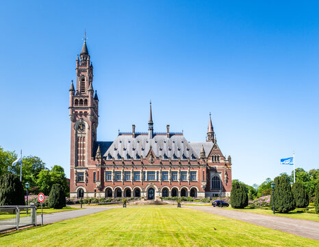 The Hague, Netherlands - May 13, 2025: General view of the Peace Palace, home to the International Court of Justice of the United Nations, built in 1913 after french architect Louis Marie Cordonnier.
