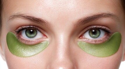 Naklejka premium Female face close-up with green gel patches under eyes, isolated on white background --chaos 20