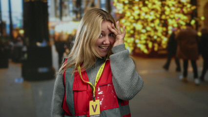 Fototapeta premium Blonde woman volunteer smiles warmly on a busy city street, wearing a red vest over her sweater with blurred christmas lights in the background, capturing joyful street volunteering spirit.