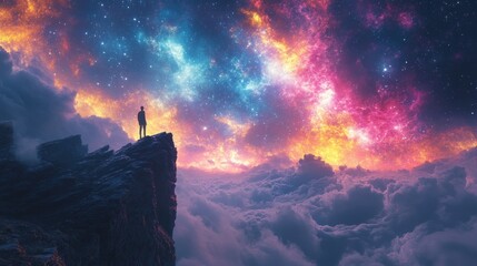 Man on clifftop, gazing at colorful nebula, cloudscape background
