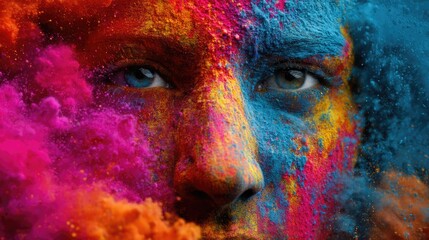 Naklejka premium A close-up of a face covered in vibrant colored powder, revealing intense blue eyes through the explosion of colors, creating a striking and artistic visual contrast.