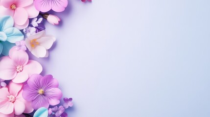 Pastel Flower Border on Lavender Background - Delicate pastel flowers arranged along the left side of a lavender background, creating a beautiful floral border. Perfect for springtime designs