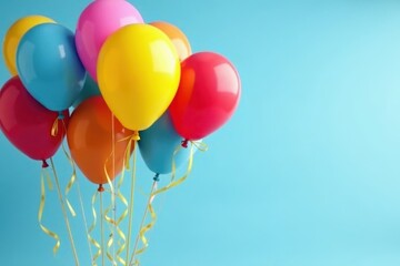 Obraz premium Colorful balloons tied with yellow ribbons floating in air, festive, party