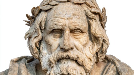 Historic bust of famous poet with wreath crown, realistic carving, isolated on white background --chaos 20
