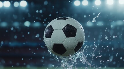 Naklejka premium Soccer ball mid-kick with splashing water droplets, capturing dynamic energy and motion.